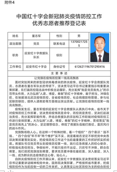 延安市红十字会推荐总会表彰疫情防控工作优秀志愿者情况公示