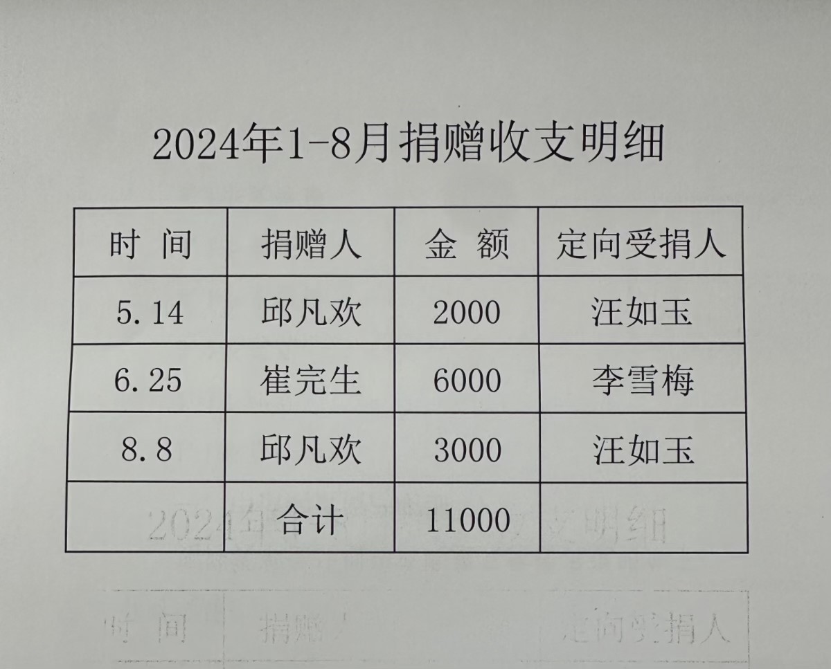 延安市红十字会2024年1—8月捐赠收支明细